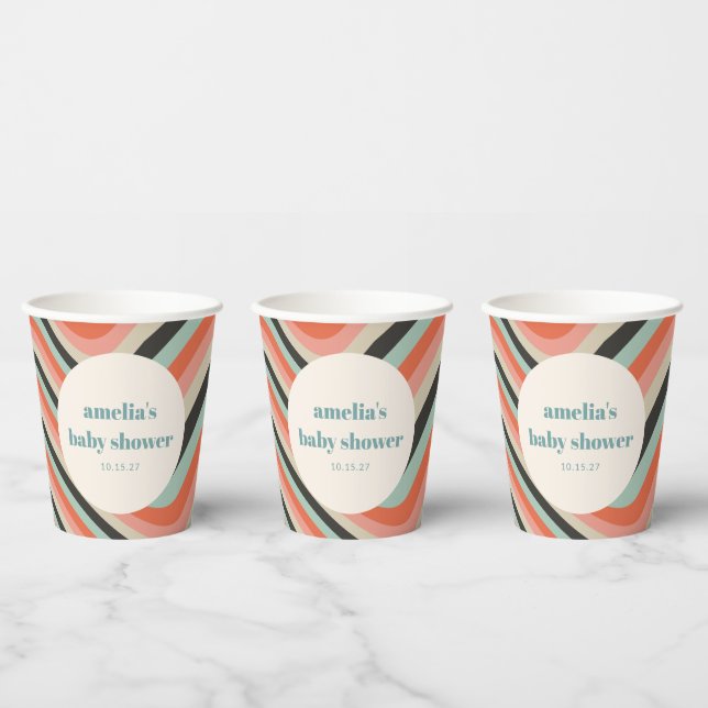 Abstract Wavy Stripe Aqua Peach Custom Baby Shower Paper Cups (Multi)