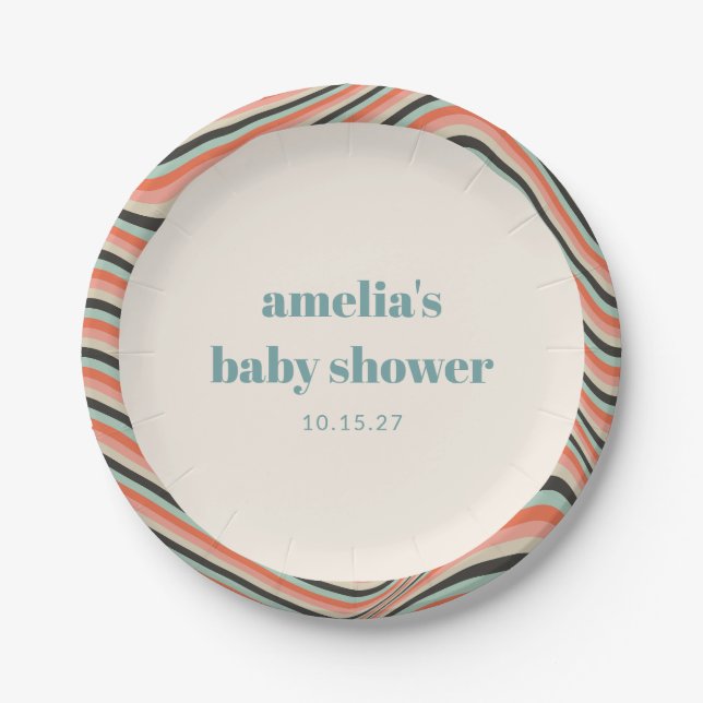 Abstract Wavy Stripe Aqua Peach Custom Baby Shower Paper Plate (Front)