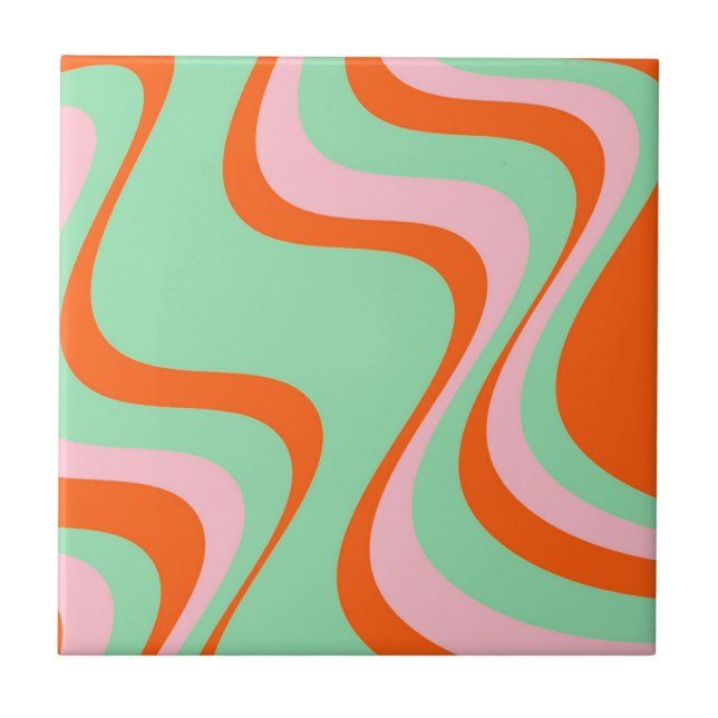 Abstract Wavy Stripe Green Orange Retro Bold  Tile (Front)