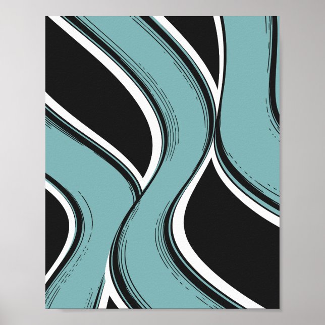 Abstract Wavy Teal and Black Flow Design Poster (Front)