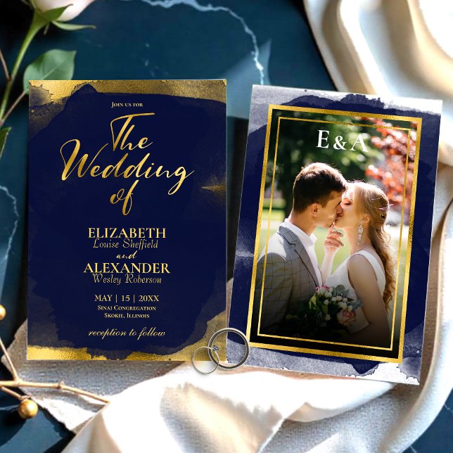 Abstract Wedding Invitations | Blue Gilded Photo (Creator Uploaded)