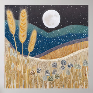 Abstract Wheat Field on a Full Moon Evening Poster