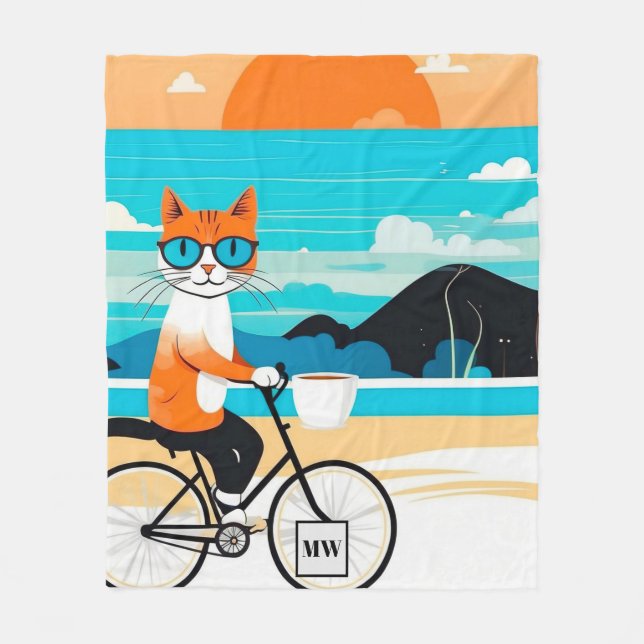 Abstract whimsical cat riding bicycle minimalist fleece blanket (Front)