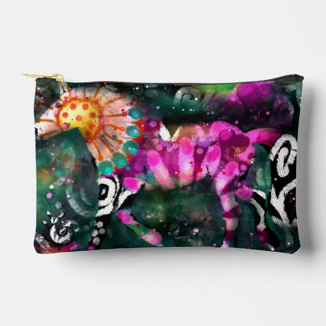Abstract Whimsical Galloping Horse Floral Pink Accessory Pouch (Front)