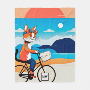 Abstract whimsical headband cat riding bicycle  fleece blanket