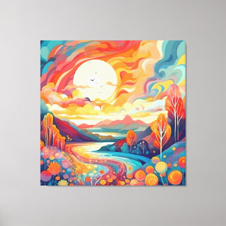 Abstract whimsical landscape with sunset. canvas print