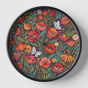 Abstract Whimsical Poppies Butterflies Art Clocks