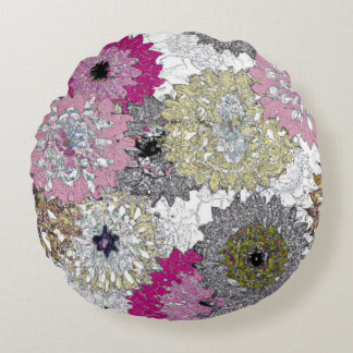 Abstract White and Pink Floral Pattern Round Cushion