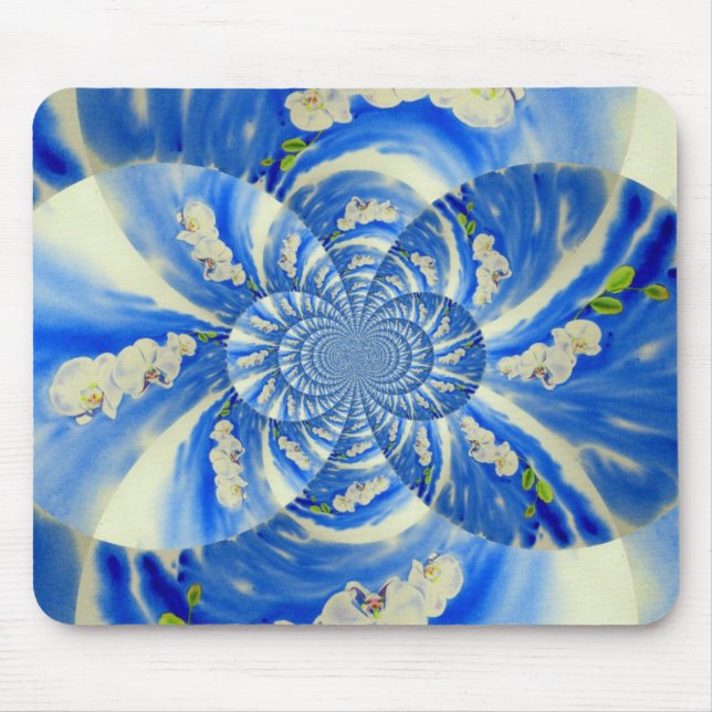 Abstract white blue floral painting mouse pad (Front)