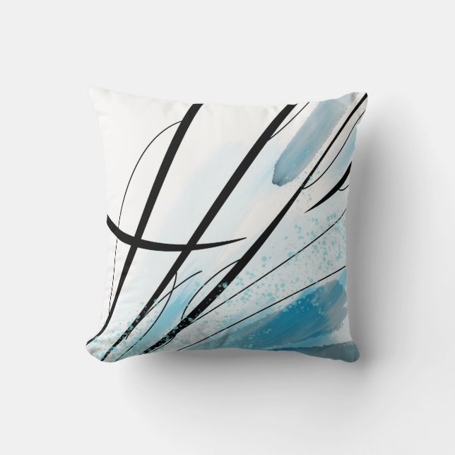 Abstract White Blue Stroke Black Line Cushion (Front)