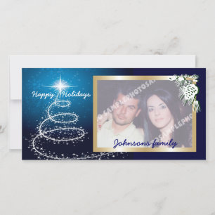 Abstract White Christmas Tree On Glowing Blue Holiday Card