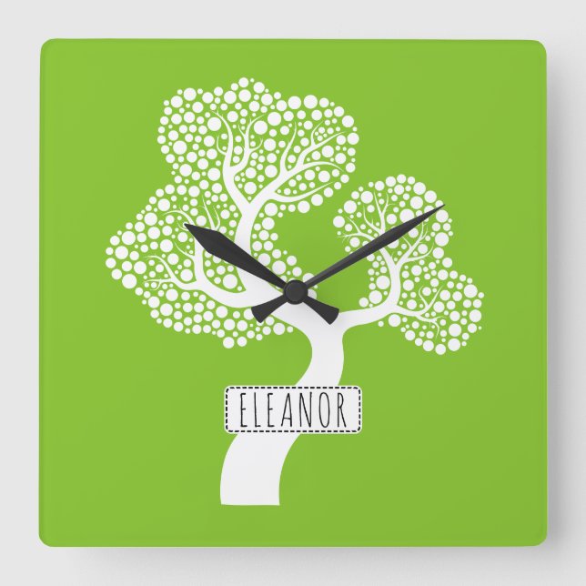Abstract white circle tree and name lime green square wall clock (Front)