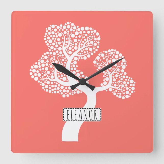 Abstract white circle tree and name living coral square wall clock (Front)