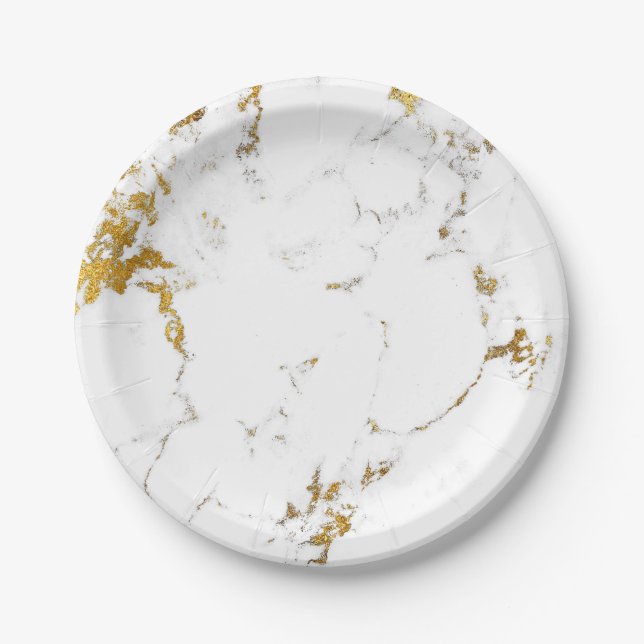 Abstract White Gold Carrara Marble Glam Stone Vip Paper Plate (Front)