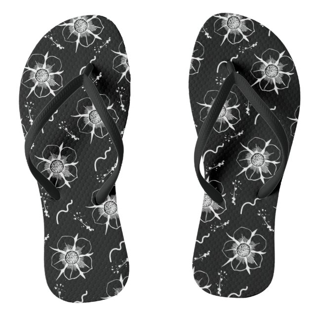 Abstract White Line Art Flowers On Black Jandals (Footbed)