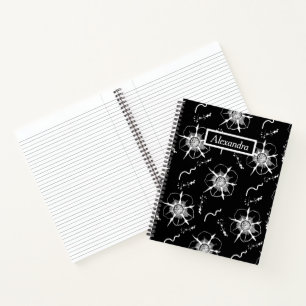 Abstract White Line Art Flowers On Black Notebook