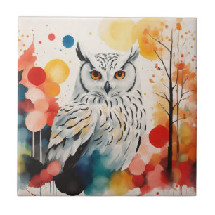 Abstract White Owl In Colorful Dreamy Forest Tile