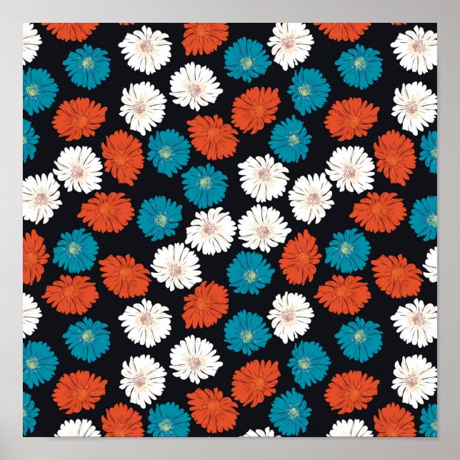 Abstract White Red and Blue Flowers Poster (Front)