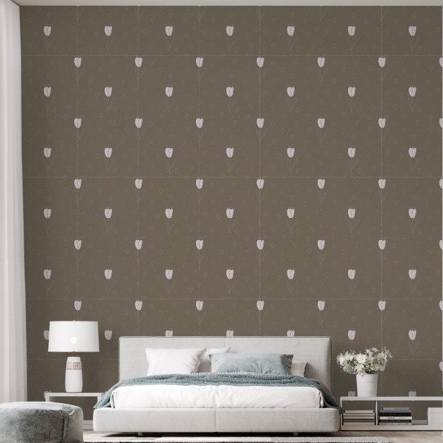 Abstract White Tulip and Hearts on Earthy Brown Wallpaper (Bedroom)