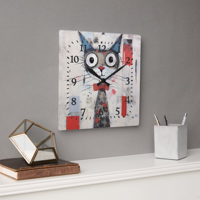  Abstract Wide Eyed Colourful Cat Square Wall Clock (Office)