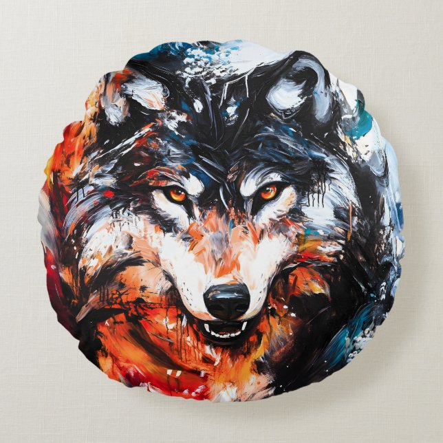 Abstract Wild Spirit Wolf Round Cushion (Front)