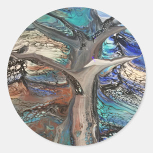 Abstract wild tree blues and greens classic round sticker