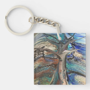 Abstract wild tree blues and greens key ring