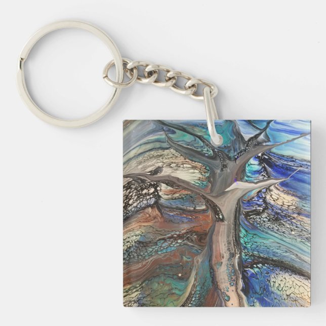 Abstract wild tree blues and greens key ring (Front)