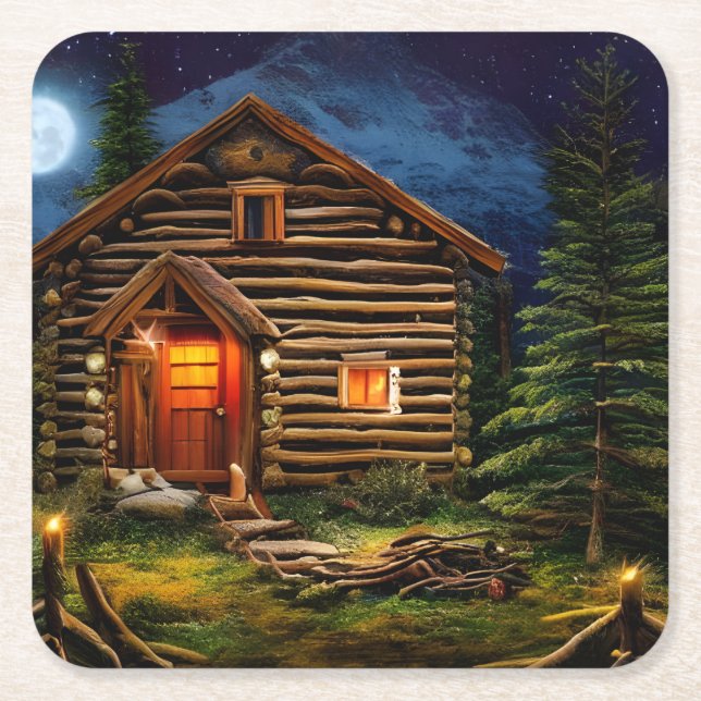 Abstract Wilderness Little Cabin Square Paper Coaster (Front)