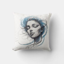Abstract Wind Flowing Face – Blue Line Art Pillow