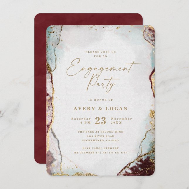 Abstract Wine Red & Gold Engagement Party Invitation (Front/Back)