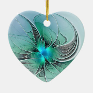 Abstract With Blue, Modern Fractal Art Heart Ceramic Tree Decoration