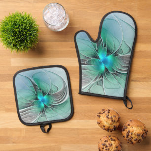Abstract With Blue, Modern Fractal Art Oven Mitt & Pot Holder Set
