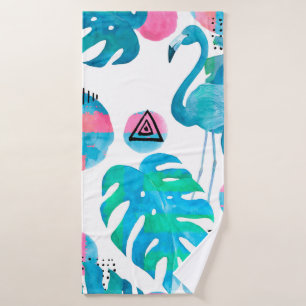Abstract with watercolor flamingo and random eleme bath towel