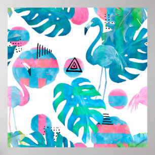Abstract with watercolor flamingo and random eleme poster