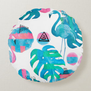 Abstract with watercolor flamingo and random eleme round cushion