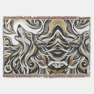 Abstract Wolf Head Gold Silhouette Blankets
