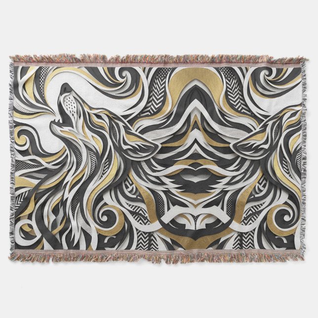 Abstract Wolf Head Gold Silhouette Blankets (Front)