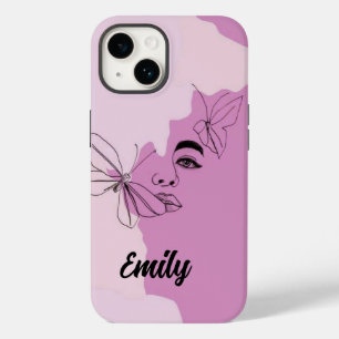 Abstract Woman and Butterfly Line Art in Purple Case-Mate iPhone 14 Case