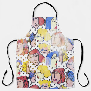 Abstract woman faces, watercolor polka dots. apron