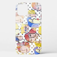Abstract woman faces, watercolor polka dots.