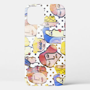 Abstract woman faces, watercolor polka dots. iPhone 12 case