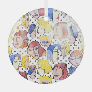 Abstract woman faces, watercolor polka dots. glass tree decoration