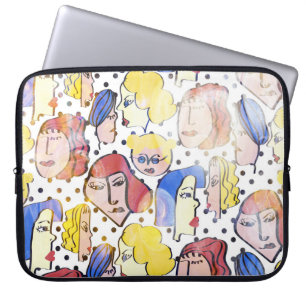 Abstract woman faces, watercolor polka dots. laptop sleeve