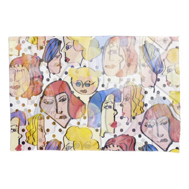 Abstract woman faces, watercolor polka dots. pillowcase (Front)