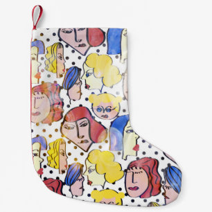 Abstract woman faces, watercolor polka dots. small christmas stocking