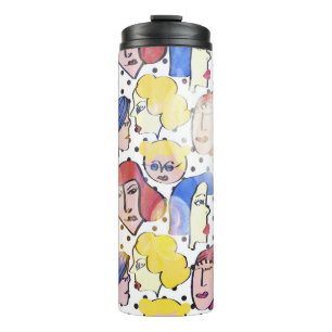 Abstract woman faces, watercolor polka dots. thermal tumbler