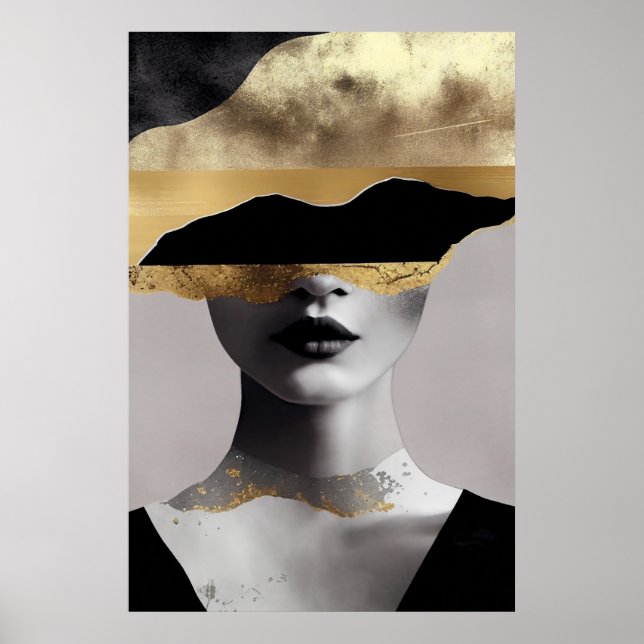 Abstract Woman Gold Black Surrealist Art Elegant Poster (Front)