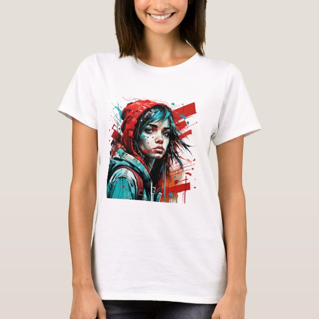 Abstract Woman Portrait Splash Graffiti Red Blue T-Shirt (Front)