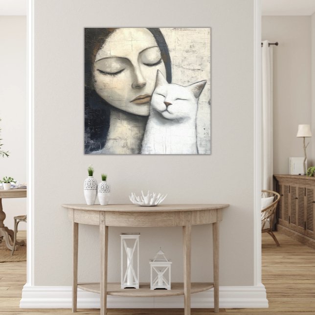 Abstract Woman Snuggling Happy White Cat Canvas Print (Printed Canvas Abstract Woman's Face with White Cat, Peaceful Snuggle Modern Neutral Art)